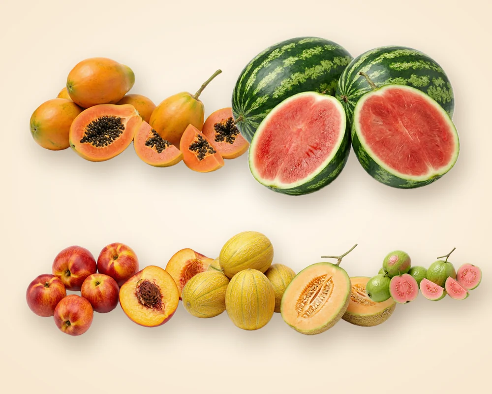 Ready-to-eat cut fruit: papaya, watermelon, nectarine, melon and guava