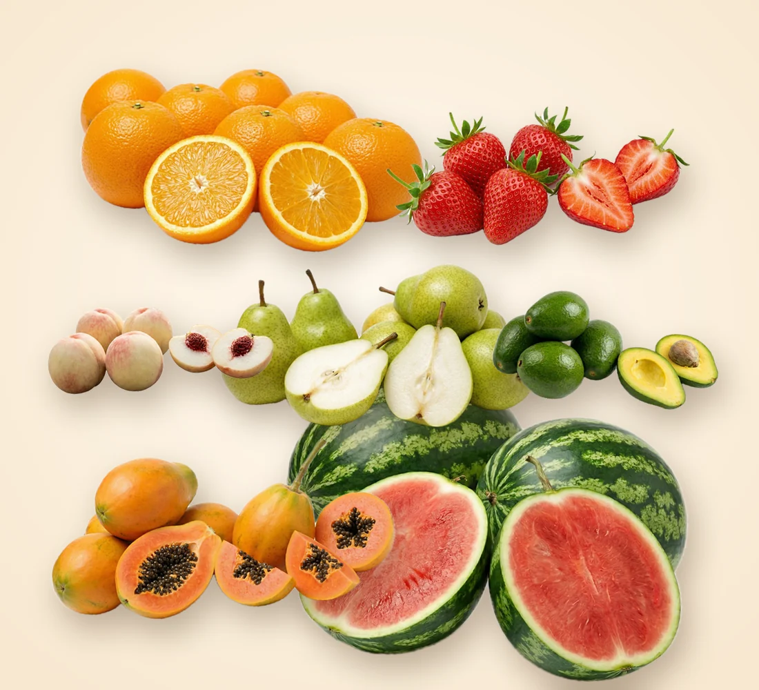 A spread of fresh fruit for office pantry supply: oranges, strawberries, pears, papaya and watermelon