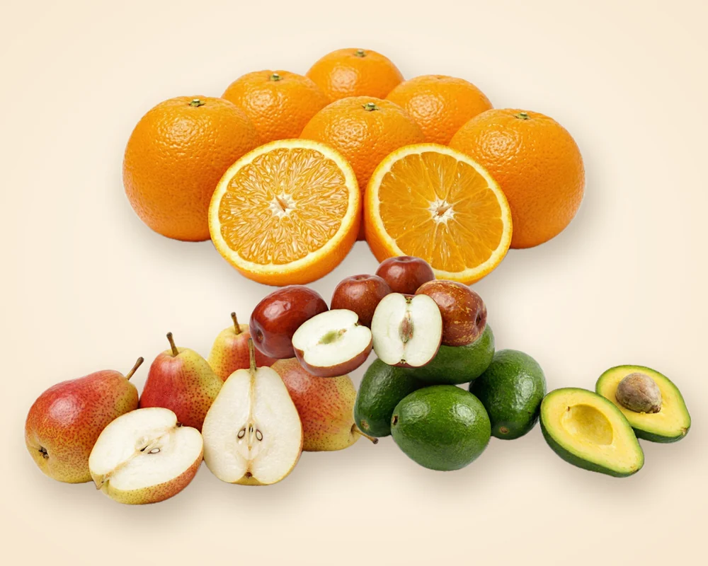 Whole fresh oranges, pears, avocados and jujubes for an office fruit pantry